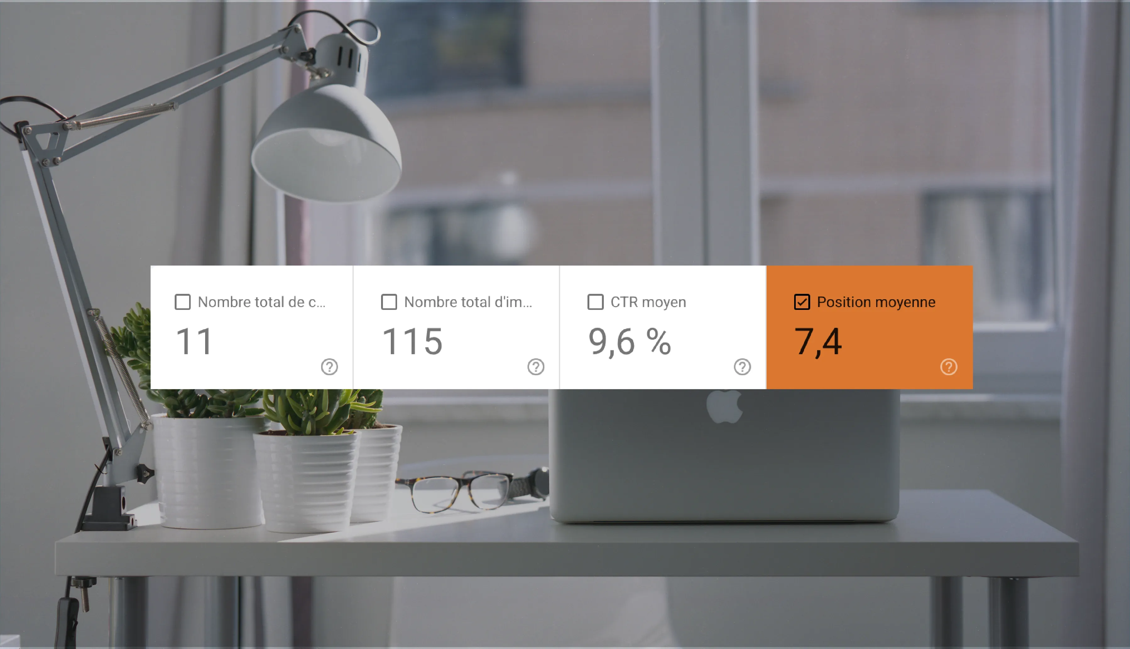 Capture d'écran Google Search Console affichant 11 clics, 115 impressions, 9,6 % de CTR et une position de 7,4