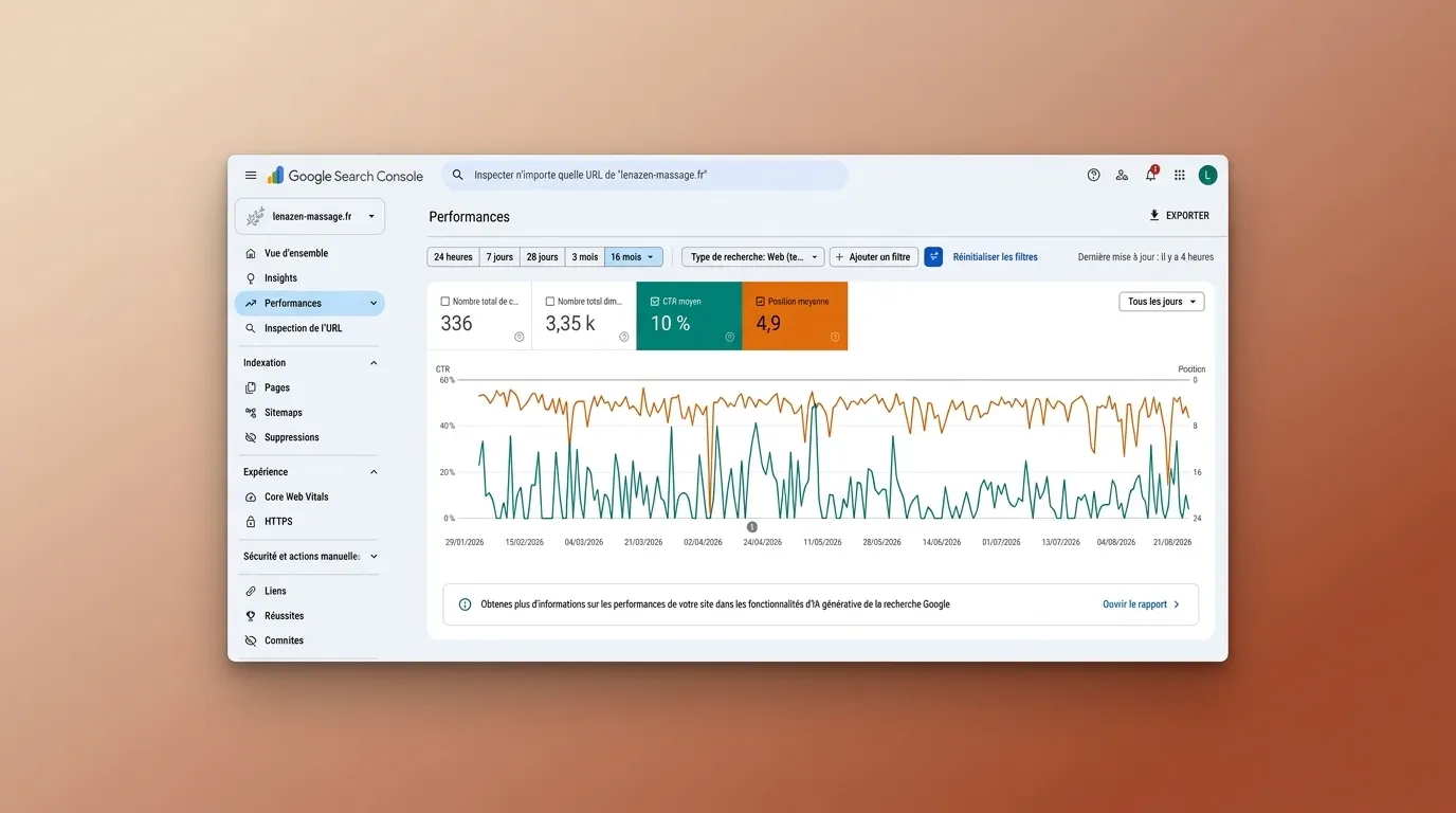Capture Google Search Console indiquant un CTR de 10% et une position moyenne de 4,9