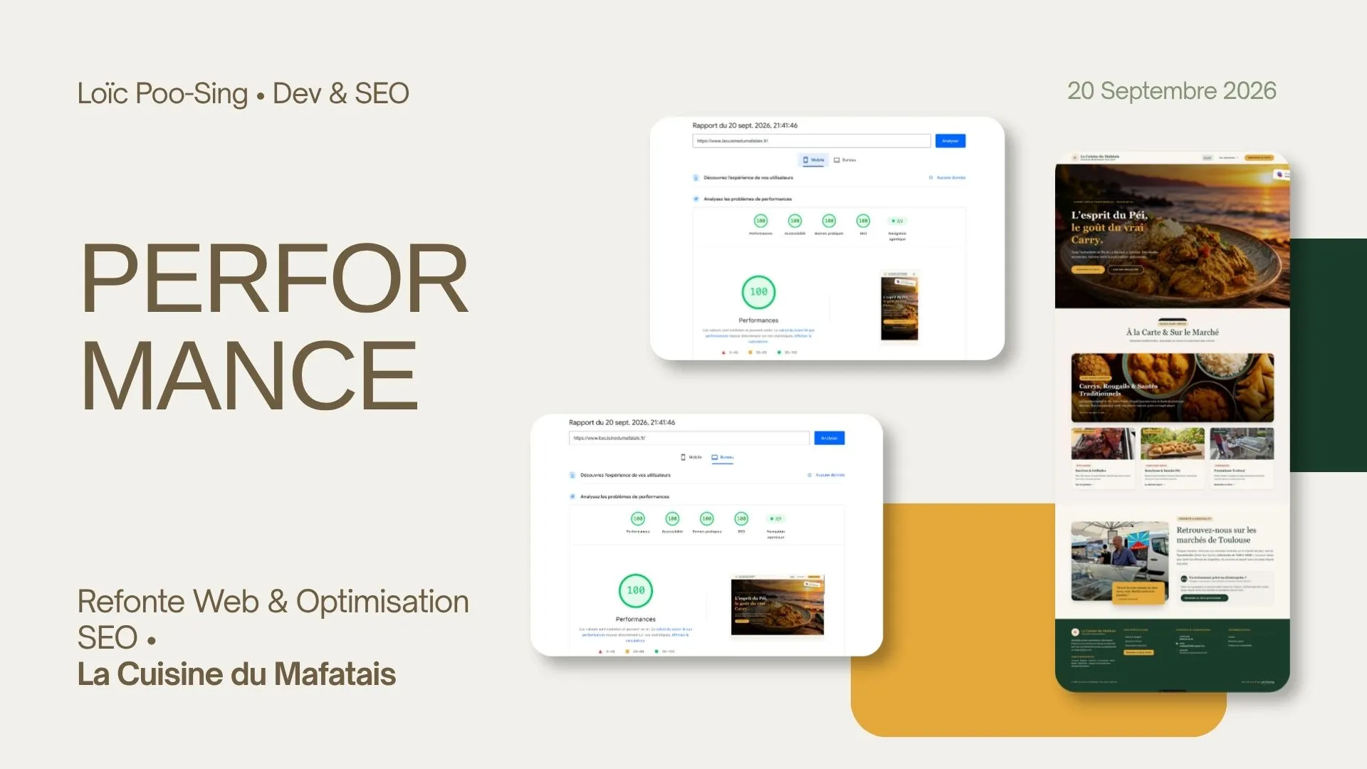Rapport Google PageSpeed Insights affichant 100/100 pour La Cuisine du Mafatais