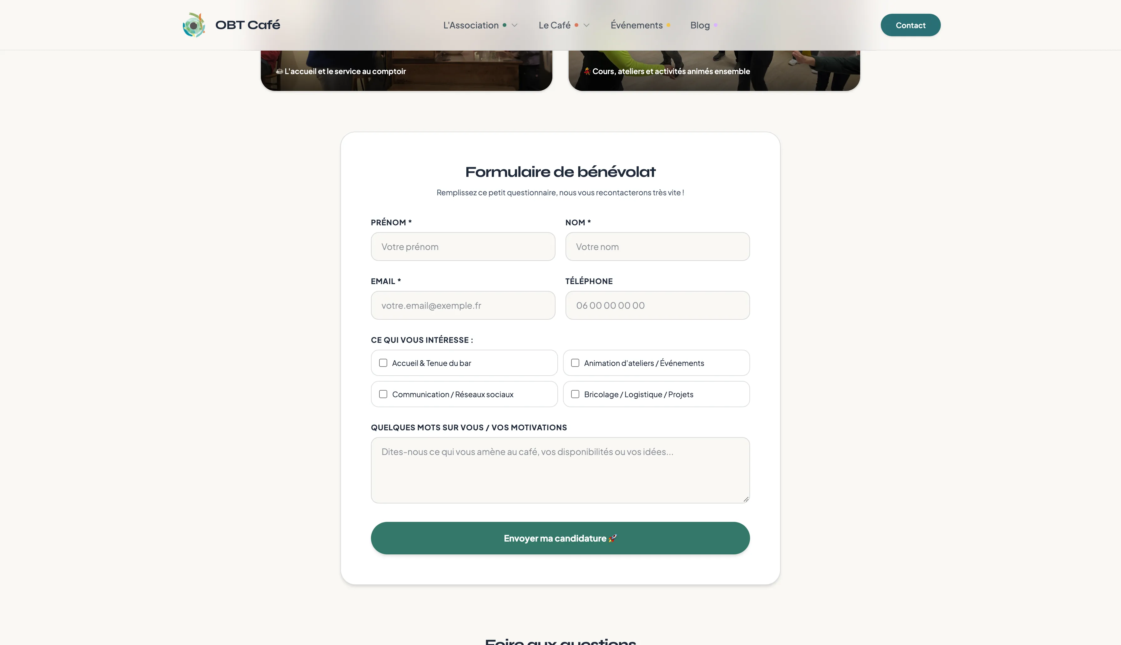 Aperçu des formulaires d'engagement bénévole et de contact sur le site OBT Café