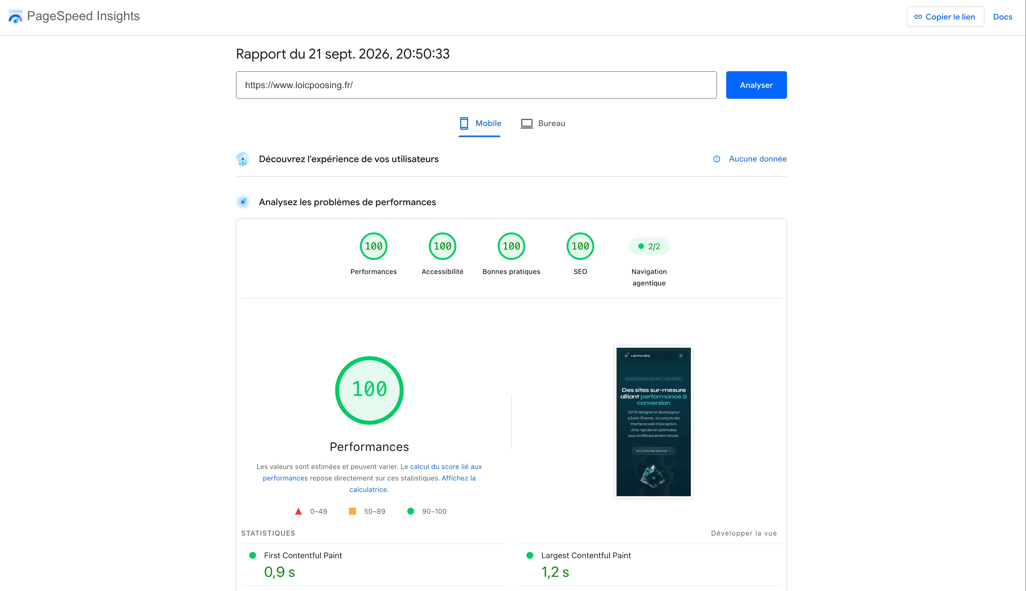 Rapport Lighthouse affichant 100/100